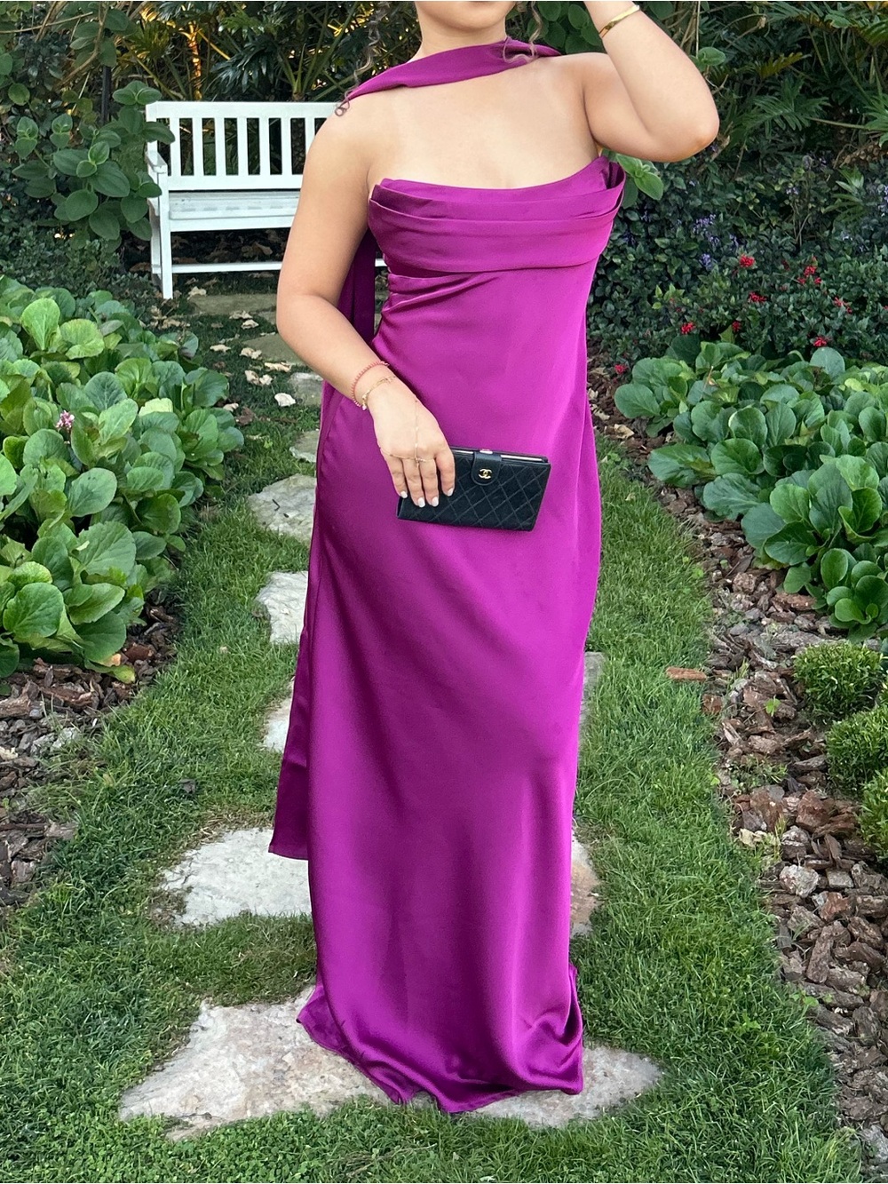 Strapless Magenta Wedding Guest Dress Satin Evening Gown